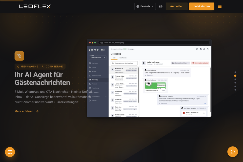 Scroll-Sektion der LeoFlex-Startseite „Ihr AI Agent für Gästenachrichten“ mit Messaging-Ansicht im dunklen Design