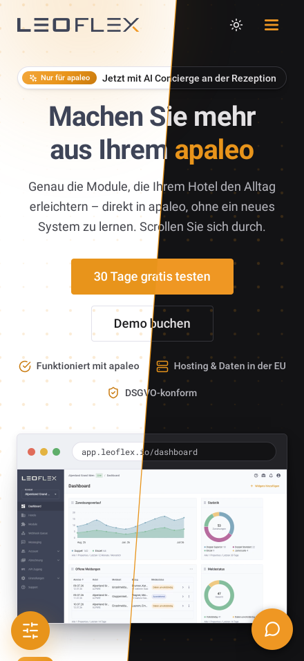Startseite der LeoFlex-Website auf dem Telefon, halb im hellen, halb im dunklen Design