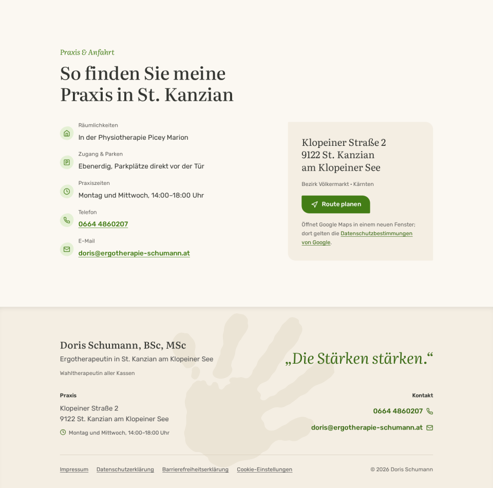 Abschnitt „So finden Sie meine Praxis in St. Kanzian" mit Adresse, Zugang, Praxiszeiten und Knopf „Route planen", darunter die Fußzeile
