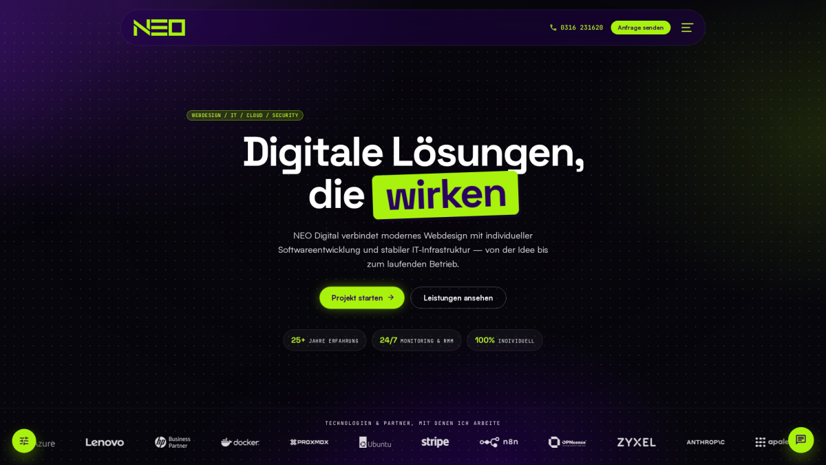 Startseite von neo-digital.at mit der Überschrift „Digitale Lösungen, die begeistern"