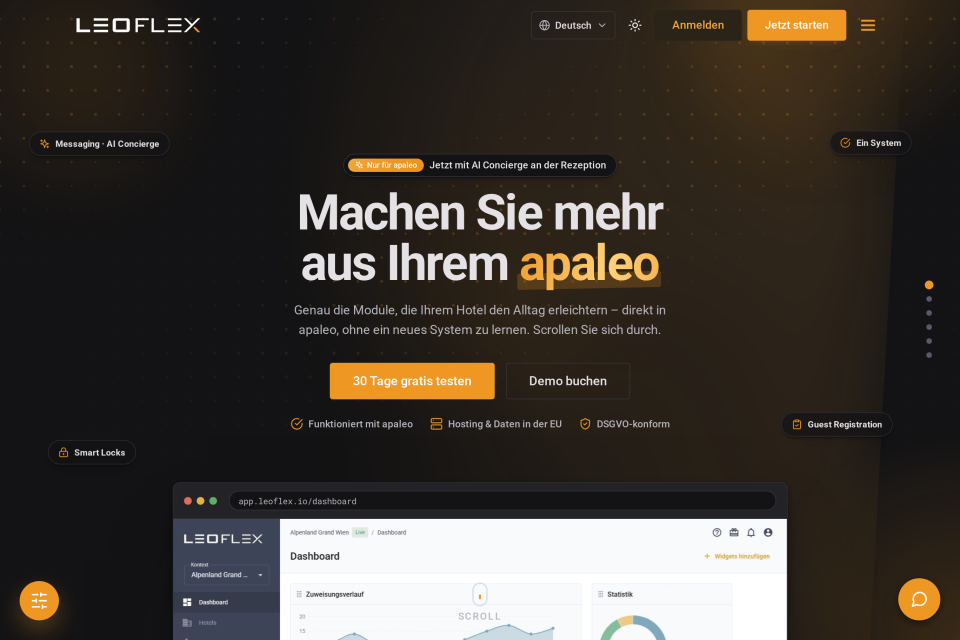 Startseite der LeoFlex-Website mit der Überschrift „Machen Sie mehr aus Ihrem apaleo“ im dunklen Design