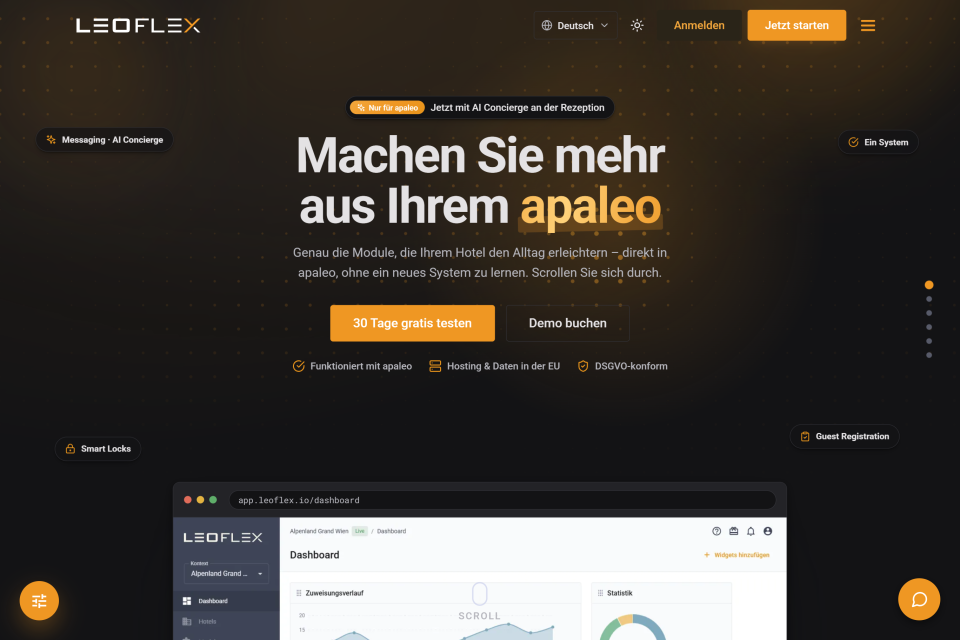 Startseite der LeoFlex-Website mit der Überschrift „Machen Sie mehr aus Ihrem apaleo“ im dunklen Design