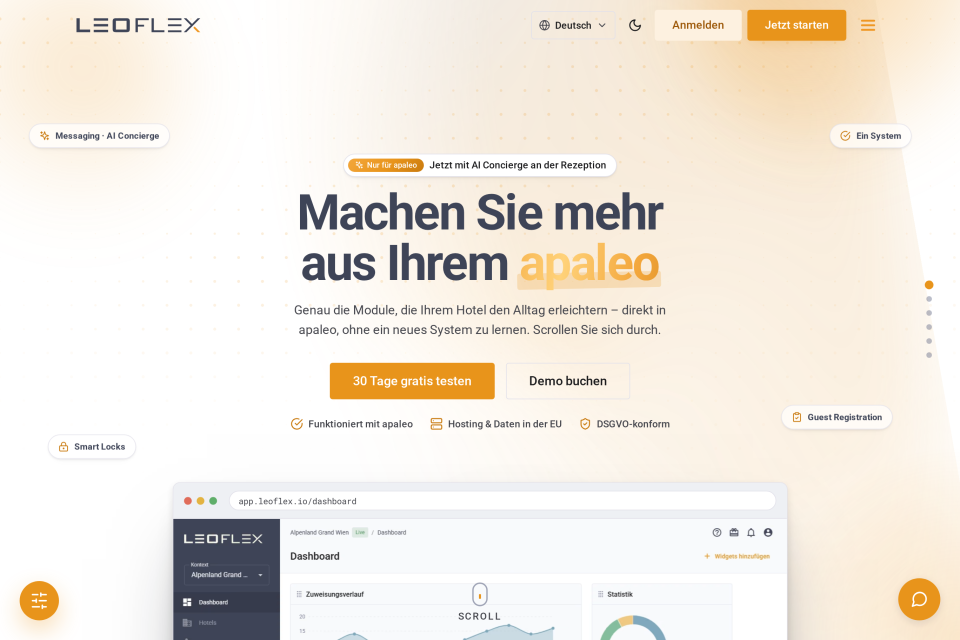 Dieselbe LeoFlex-Startseite im hellen Design
