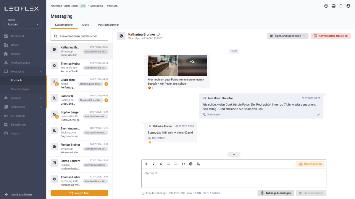 LeoFlex-Messaging: Posteingang mit WhatsApp-Chat und KI-Concierge — von NEO Digital gestaltet und entwickelt