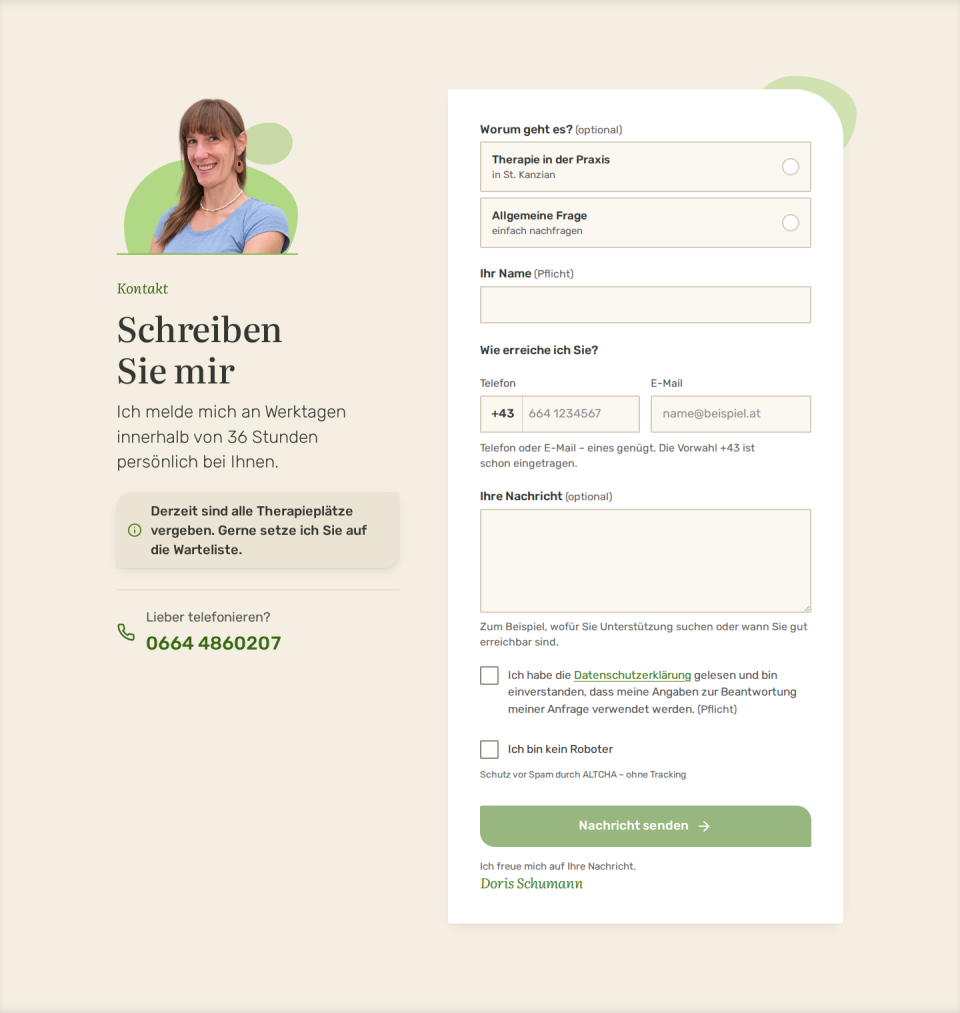 Abschnitt „Schreiben Sie mir": Porträt, Hinweis auf die Warteliste und Kontaktformular mit Auswahl, Name, Telefon oder E-Mail und Nachricht