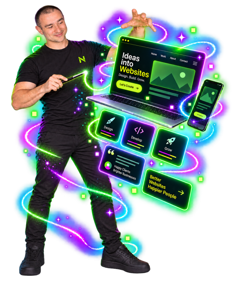 Erich Nigg zaubert mit einem Leuchtstab eine Website samt Handy-Ansicht und Bausteinen für Design, Entwicklung und Wachstum