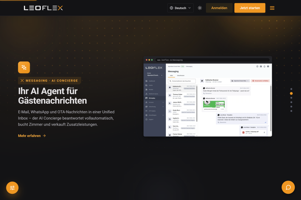 Scroll-Sektion der LeoFlex-Startseite „Ihr AI Agent für Gästenachrichten“ mit Messaging-Ansicht im dunklen Design