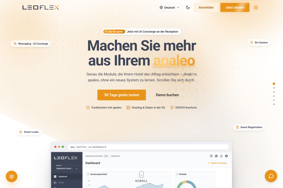 Dieselbe LeoFlex-Startseite im hellen Design