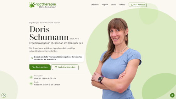 Startseite von ergotherapie-schumann.at mit Porträt von Doris Schumann