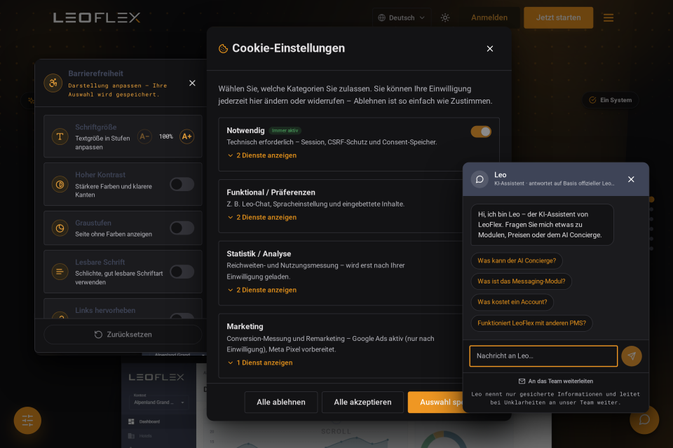 Drei Helfer der LeoFlex-Website übereinander: Barrierefreiheit-Panel, Cookie-Einstellungen und der KI-Chat Leo im dunklen Design