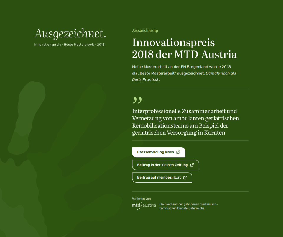 Abschnitt „Ausgezeichnet": Innovationspreis 2018 der MTD-Austria auf dunkelgrünem Grund, mit Zitat und Links zu drei Presseberichten
