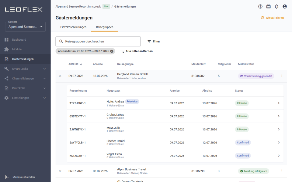 Gästemeldungen in LeoFlex, Reiter „Reisegruppen“: eine aufgeklappte Reisegruppe mit Reiseleiter, fünf Mitgliedern, Meldeblatt-Nummer und dem Status „Vorabmeldung gesendet“
