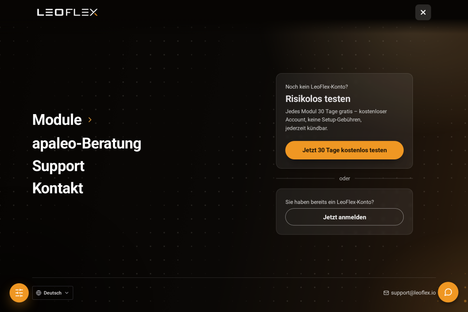 Bildschirmfüllendes Navigationsmenü der LeoFlex-Website mit Modulliste, apaleo-Beratung, Support, Kontakt und Testkonto-Karte im dunklen Design